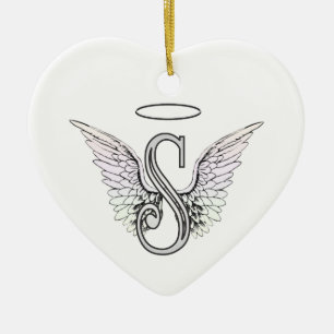 Letter S Initial Monogram with Angel Wings & Halo Ceramic Tree Decoration