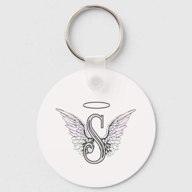 Letter S Initial Monogram with Angel Wings & Halo Key Ring (Front)
