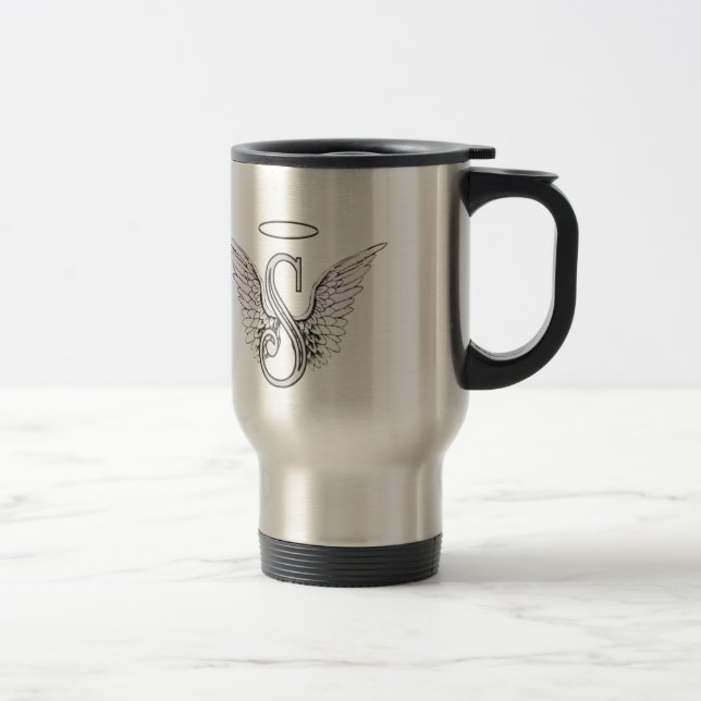 Letter S Initial Monogram with Angel Wings & Halo Travel Mug (Right)