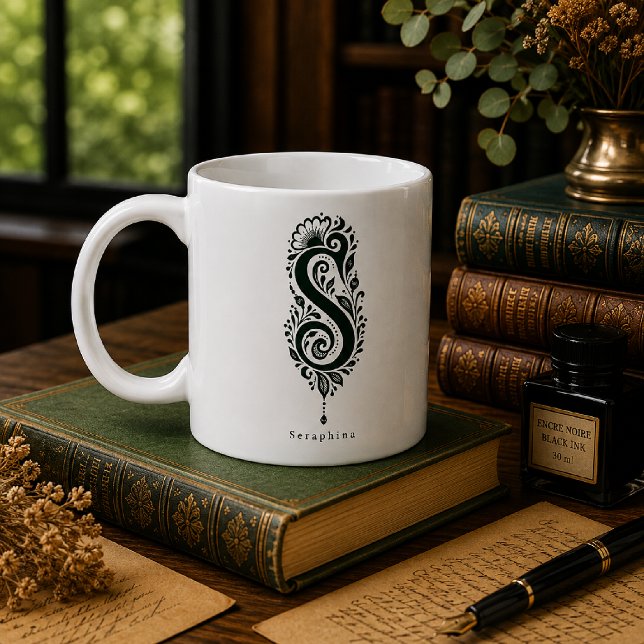 Letter S Linocut Botanical Personalised Mug (Creator Uploaded)