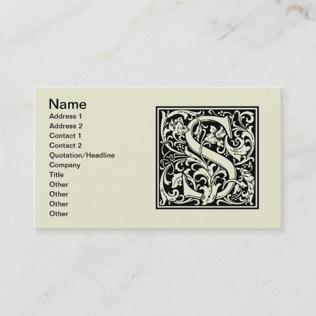 Letter S Mediaeval Monogram Art Nouveau Business Card (Front)