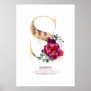 Letter S Monogram Floral Burgundy Red and Gold Poster