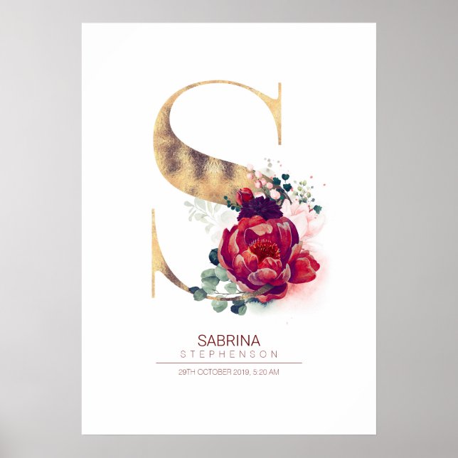 Letter S Monogram Floral Burgundy Red and Gold Poster (Front)
