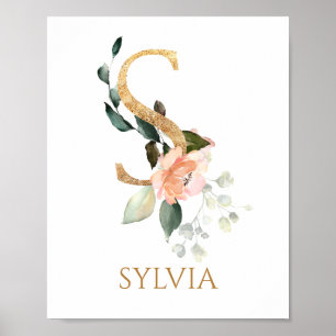 Letter S Monogram Pink Peach rose Nursery Poster