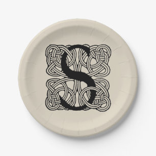 Letter S Monogram Vintage Celtic Knot Print Paper Plate