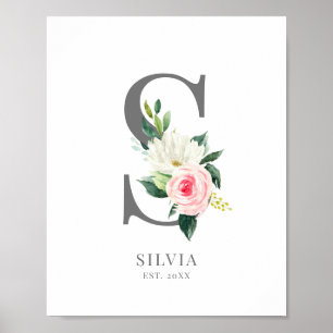 Letter S Monogram Watercolor Florals Poster