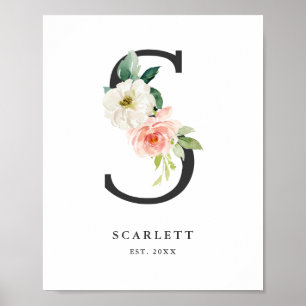 Letter S Monogram Watercolor Peach Florals Nursery Poster