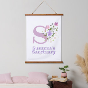 Letter S plus First Name with a Floral Design Hanging Tapestry