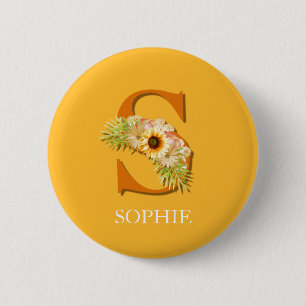 Letter S Sunflower Floral Monogram with Name 6 Cm Round Badge