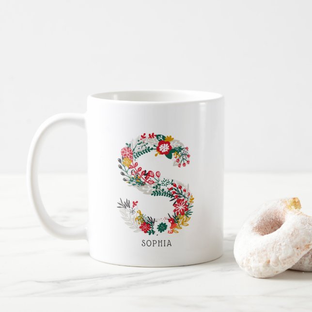 Letter S | Whimsical Floral Letter Monogram I Mug (With Donut)