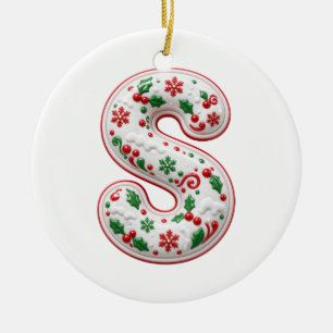 Letter S White Holly Candy Christmas Monogram Ceramic Tree Decoration
