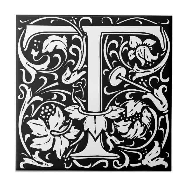 Letter T art nouveau black and white Tile (Front)