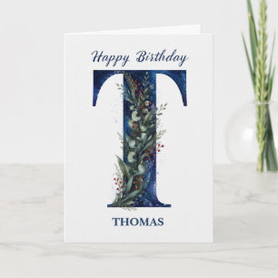 Letter T Birthday for Him Personalised Name Blue Card