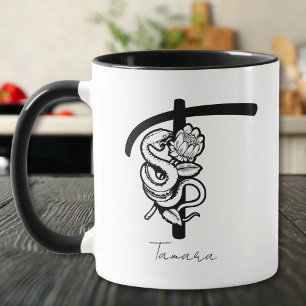 Letter T Black Monogram–Snake & Bloom Minimalist Mug