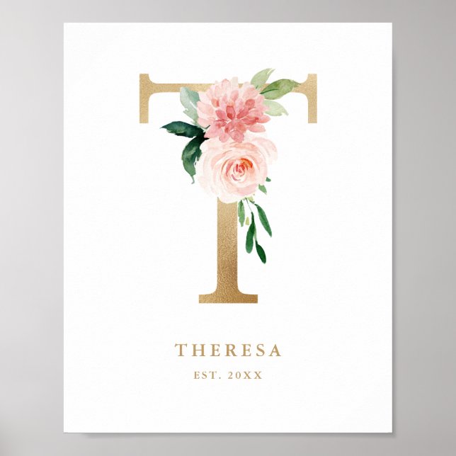 Letter T Blush Floral Monogram Gold Foil Nursery Poster (Front)