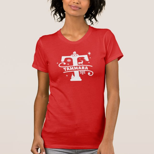 Letter T Christmas Monogram Initial Name Red T-Shirt (Front)