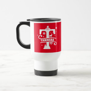 Letter T Christmas Monogram Initial Name Red Travel Mug