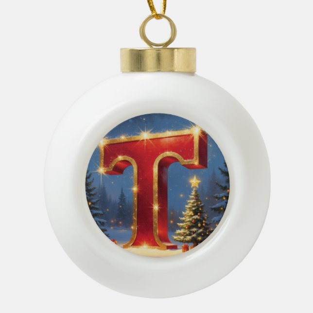 Letter T Christmas Tree Personalized Initial Ceramic Ball Christmas Ornament (Front)