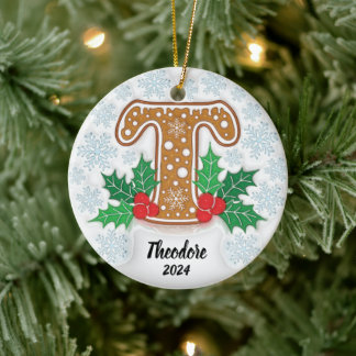 Letter T Custom Name Monogram Christmas Ceramic Tree Decoration