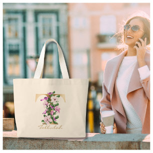 Letter T Elegant Floral Gold Monogram Large Tote Bag