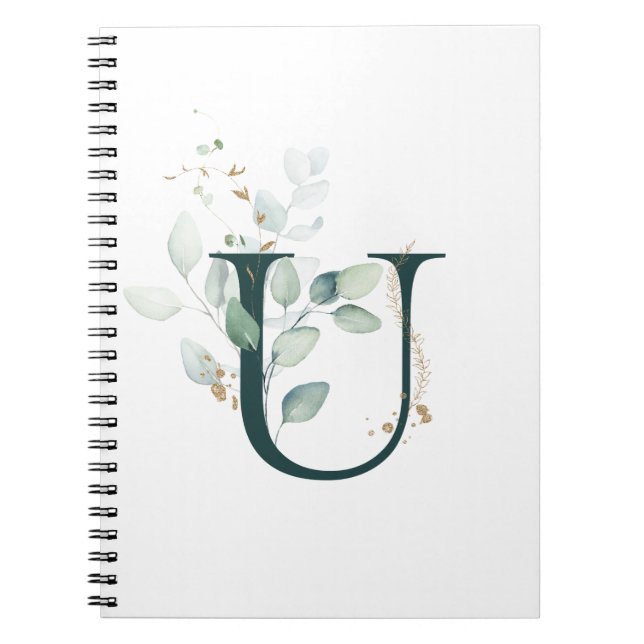Letter T Eucalyptus and Gold Monogrammed  Notebook (Front)