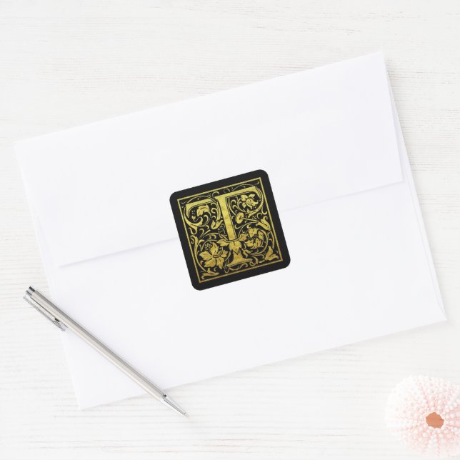 Letter T First Letter Faux Gold Black Square Sticker (Envelope)