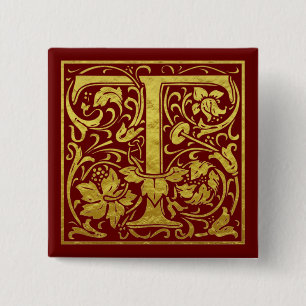 Letter T First Letter Faux Gold Red 15 Cm Square Badge