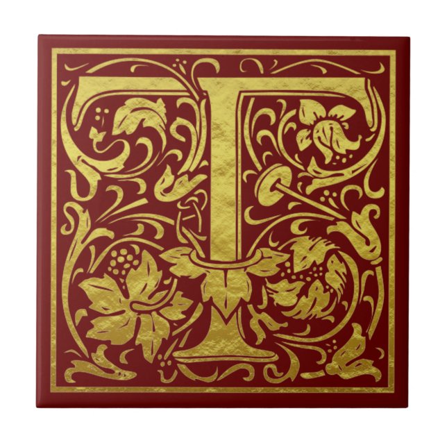 Letter T First Letter Faux Gold Red Tile (Front)
