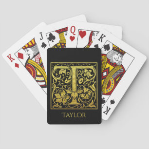 Letter T First Letter Gold on Black Playing Cards
