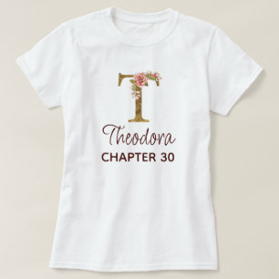 Letter T Gold Monogram Blush Pink Roses Birthday T-Shirt