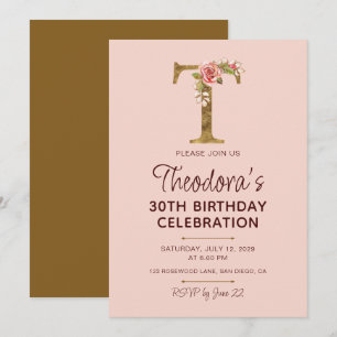 Letter T Gold Monogram Blush Pink Roses Invitation