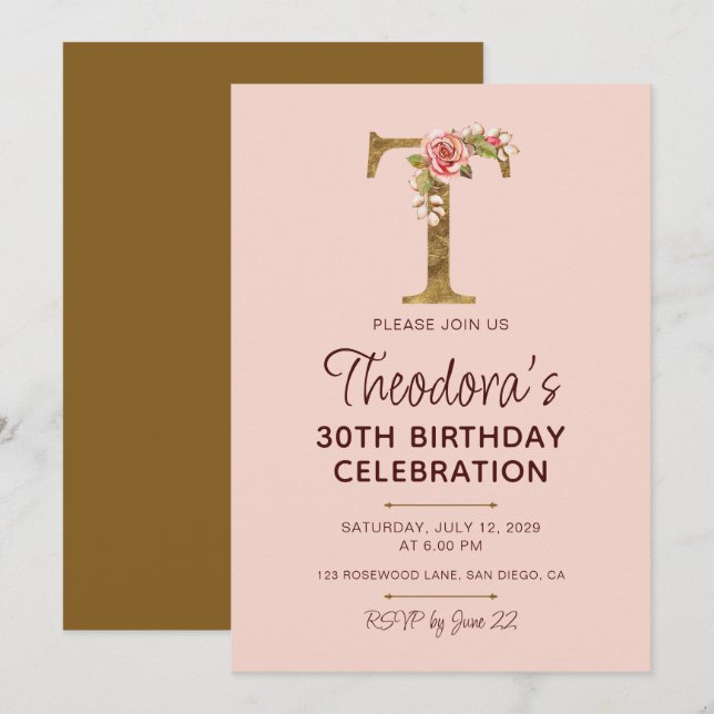 Letter T Gold Monogram Blush Pink Roses Invitation (Front/Back)