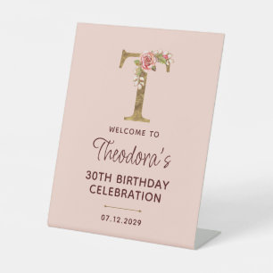 Letter T Gold Monogram Blush Pink Roses Sign