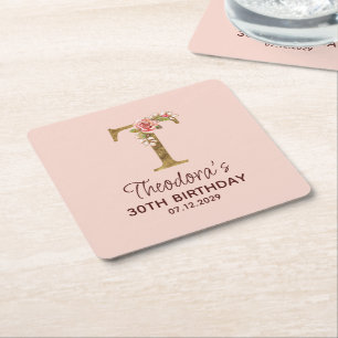 Letter T Gold Monogram Blush Pink Roses Square Paper Coaster