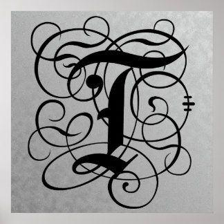 Letter T, Gothic Monogram Black Poster