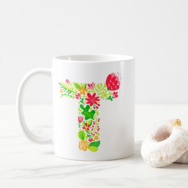 Letter T in Flowers Coffee Mug (With Donut)