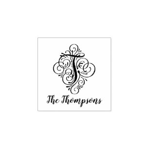 Letter T Initial Elegant Flourish Monogram Name Rubber Stamp