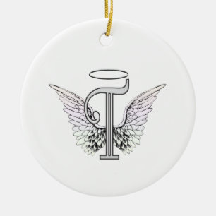 Letter T Initial Monogram with Angel Wings & Halo Ceramic Tree Decoration