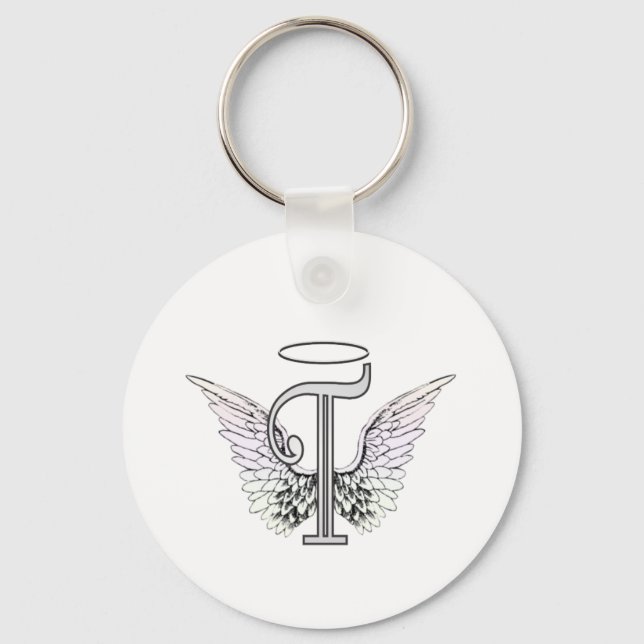 Letter T Initial Monogram with Angel Wings & Halo Key Ring (Front)