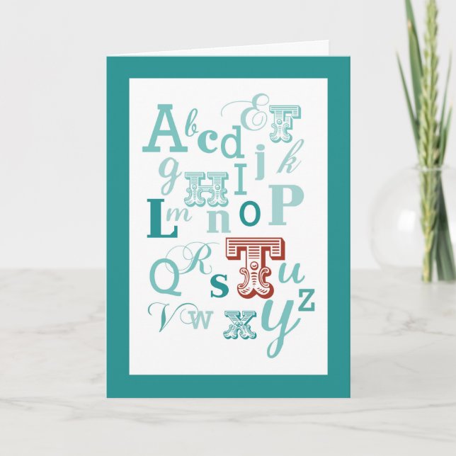 Letter T Initial Name Alphabet Birthday Teal & Red Card (Front)