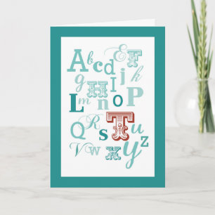 Letter T Initial Name Alphabet Birthday Teal & Red Card