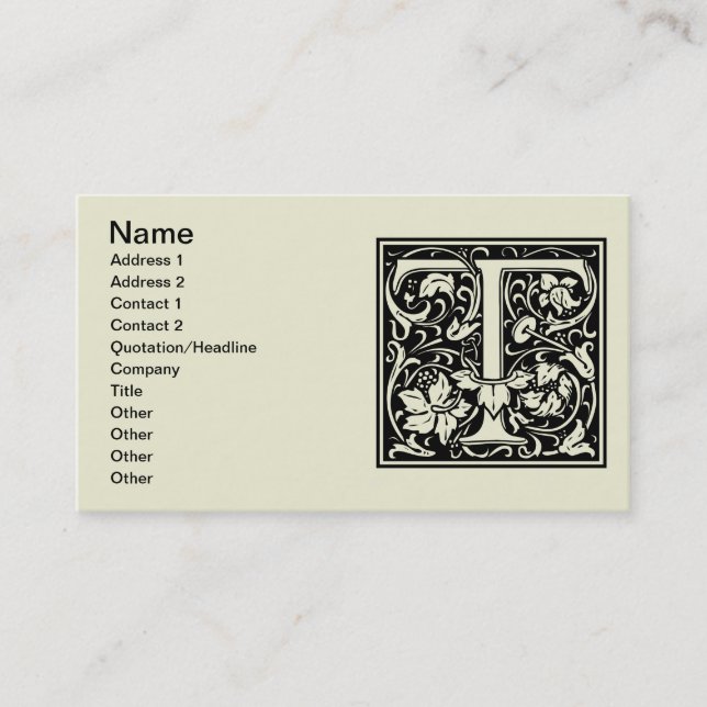 Letter T Mediaeval Monogram Art Nouveau Business Card (Front)