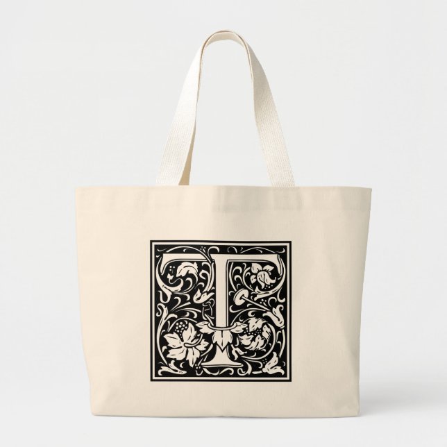 Letter T Mediaeval Monogram Art Nouveau Large Tote Bag (Front)