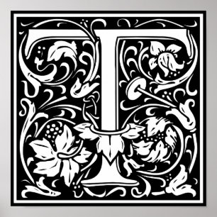 Letter T Mediaeval Monogram Vintage Initial Poster