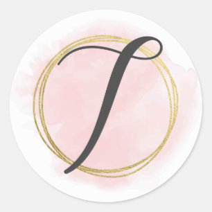 Letter T Monogram Blush Pink Watercolor Gold Chic Classic Round Sticker