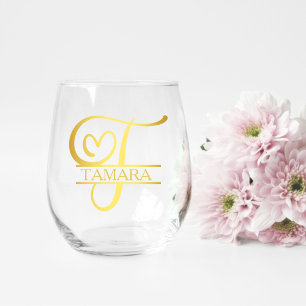 Letter T Monogram Bridesmaid Gift, Modern Elegant Stemless Wine Glass