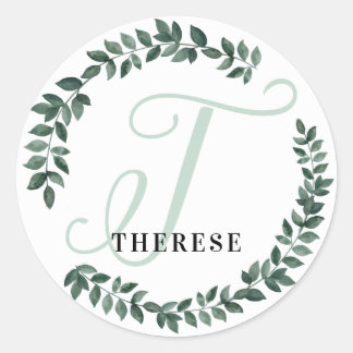 Letter T Monogram Custom Name Minimalist Botanical Classic Round Sticker