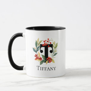 Letter T Monogram Initial Christmas Berry Wreath Mug