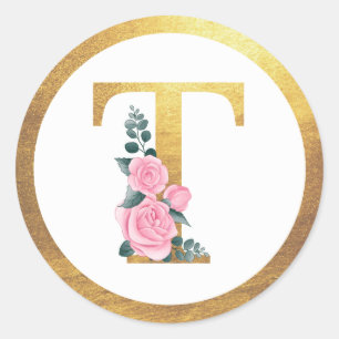 Letter T Monogram Pink Roses Floral & Elegant Gold Classic Round Sticker