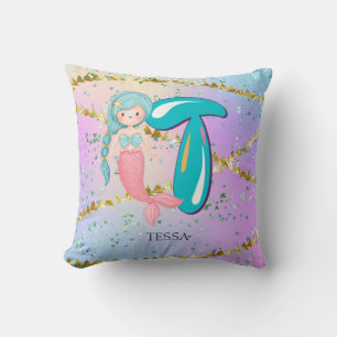 Letter T Monogram Watercolor Cute Mermaid Nursery Cushion